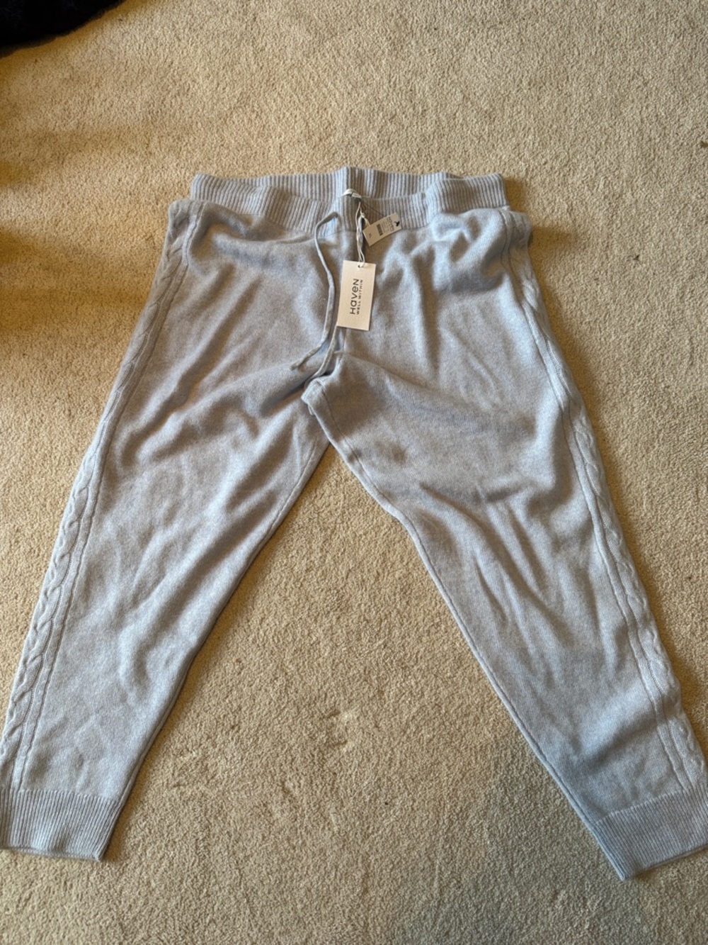Haven Well Within Light Blue Knit Joggers with Side Cable Trim - 100% Cashmere